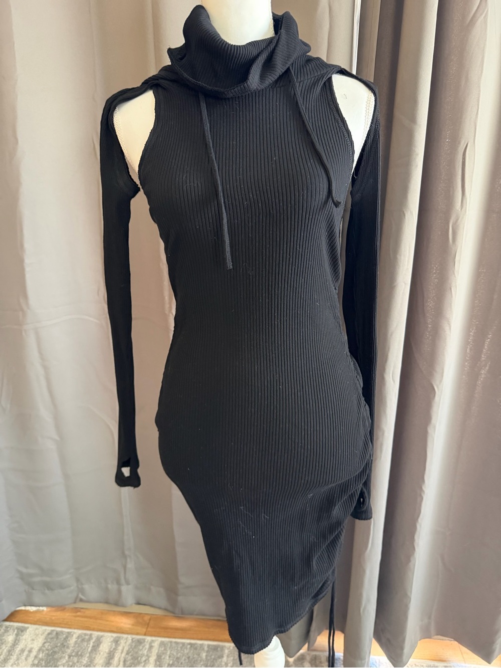 Black Cold-Shoulder Ribbed Mini Dress with Turtleneck